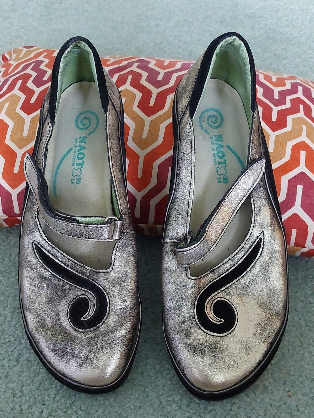 Naot Metallic Silver Mary Jane Flats with Black Accent Swirl